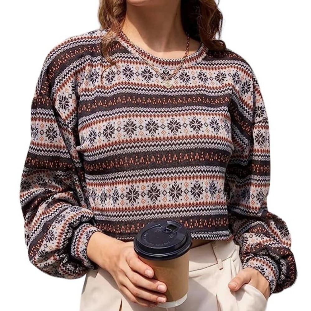 Micas Brown Patterned Crop Long Sleeve Top Size M